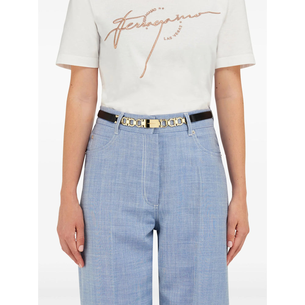 Ferragamo Black Leather Belt with Gancini Plaque