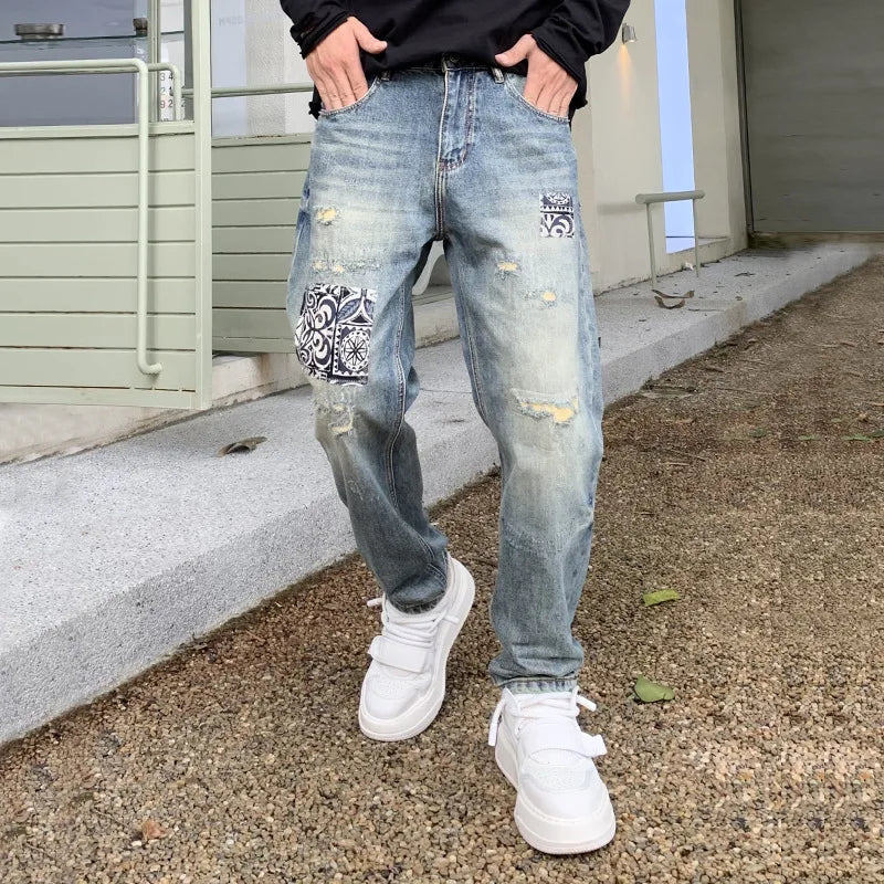 EST. 313 Stonewashed Patchwork Jeans