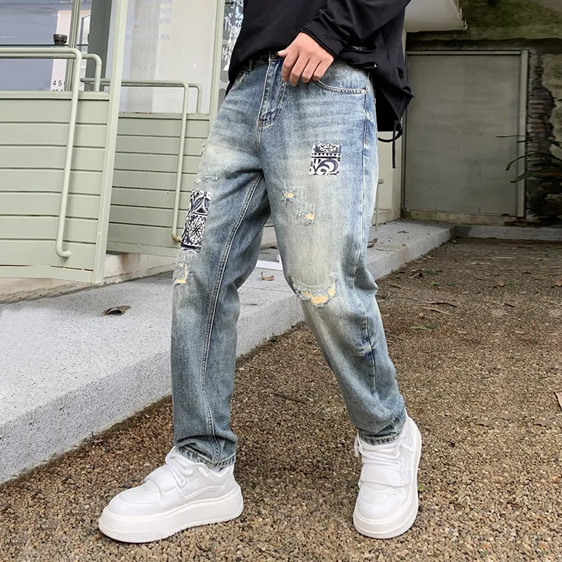 EST. 313 Stonewashed Patchwork Jeans